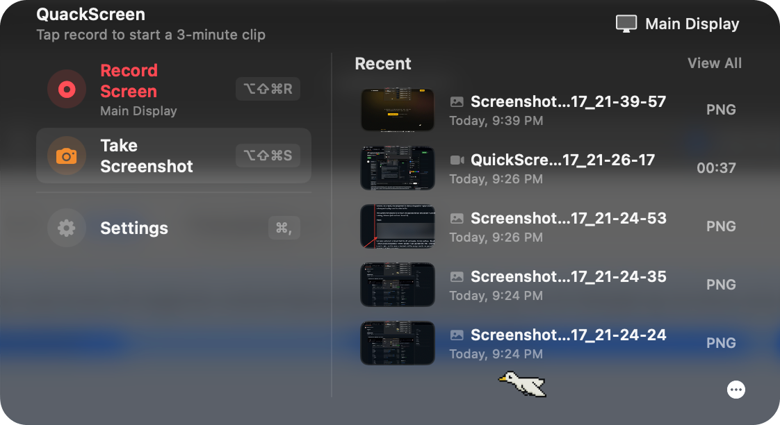 QuackScreen panel hanging from the MacBook notch — Record Screen, Take Screenshot, Settings, and recent clips
